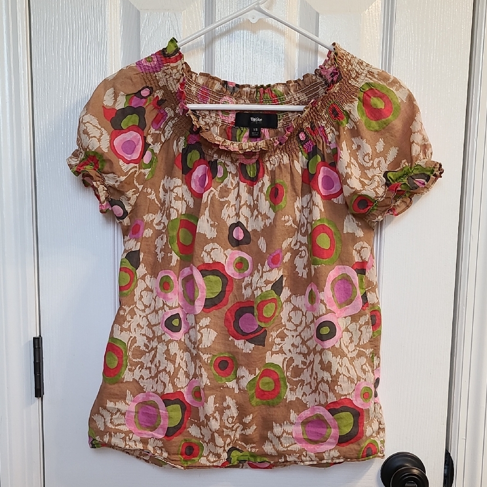 Mossimo Supply Co Brown and Pink Puff Sleeve Blouse Ruffled